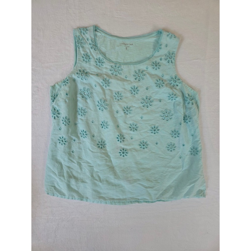Coldwater Creek Tank Top Floral Eyelet Linen Cotton XL 16 Aqua Boho Coastal